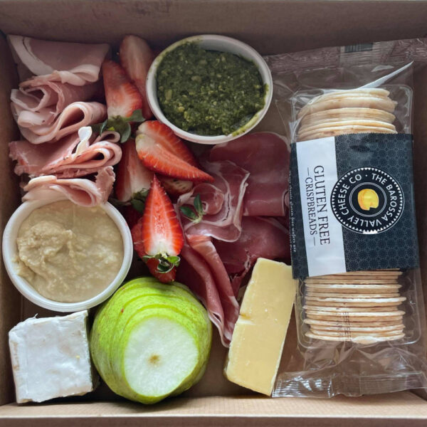 Savoury Picnic Box with cheese, dips, antipasto, fresh fruit, wafers